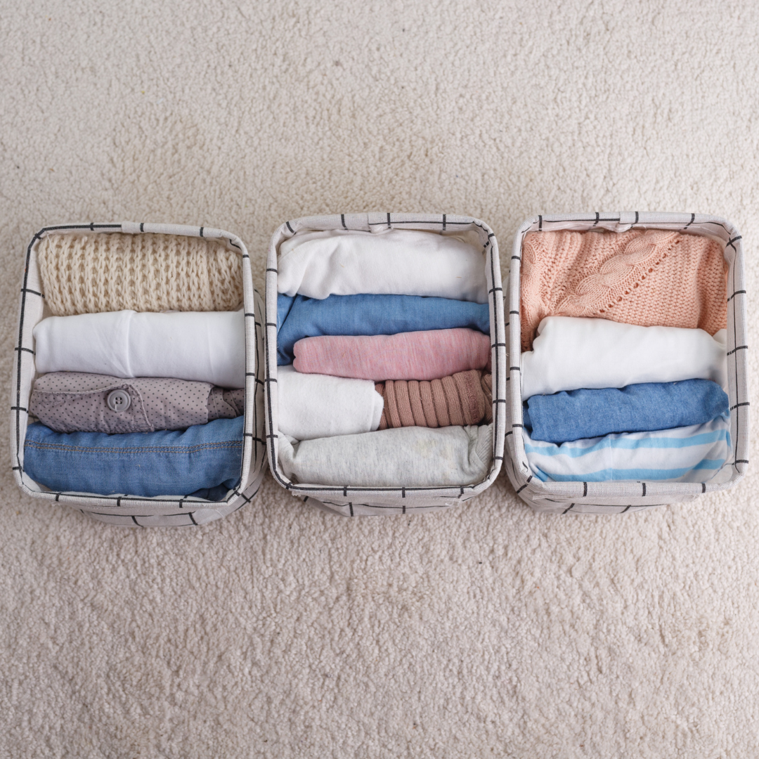 Marie Kondo folded clothes in baskets