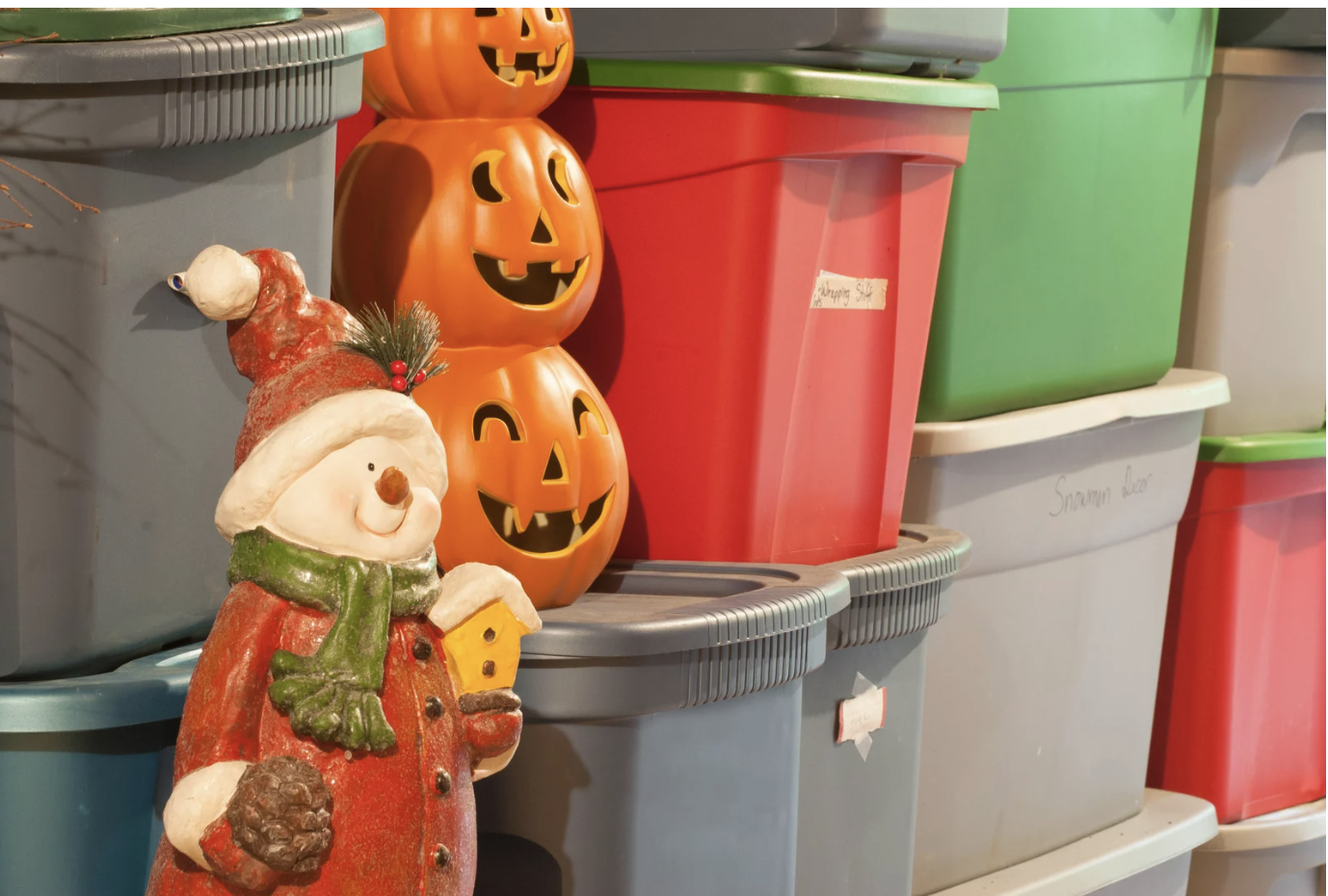 christmas, halloween decor with colored bins