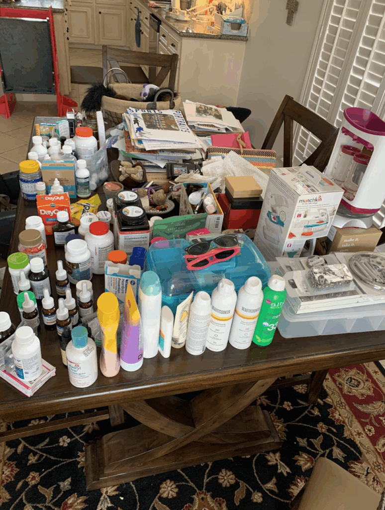 Extra medication and sunscreen that is expired from a client's medicine cabinet in Houston, Texas after ordering too much on amazon as backstock