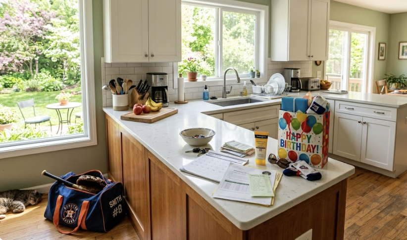 Cluttered kitchen counter during Maycember in Houston, TX