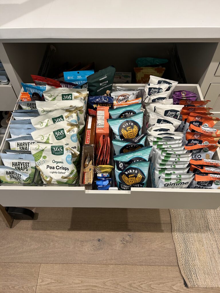 Organized snack station in a Houston home, whole-family systems by Wildely Organized