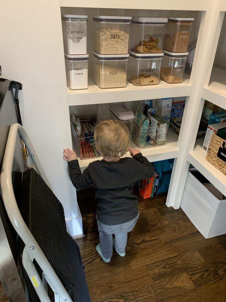 Whole-family pantry in a Houston home with adult staples up top and kid snacks at kid height, Wildely Organized