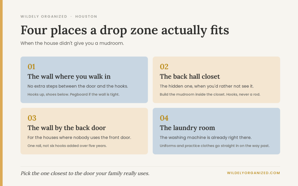 Diagram of four places a drop zone fits in a Houston TX home without a mudroom, by Wildely Organized